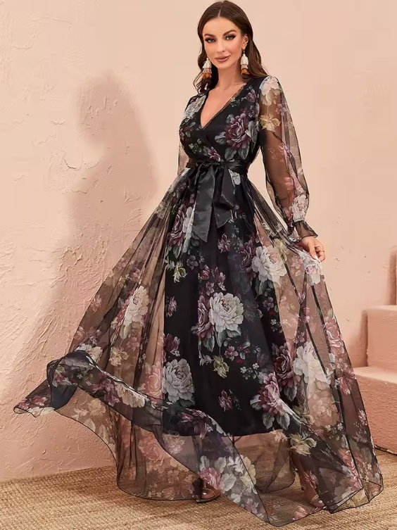 Langarm Chiffon Maxi Kleid 2025 Daniela Elegant in Schwarz mit&nbsp;Blumenmuster