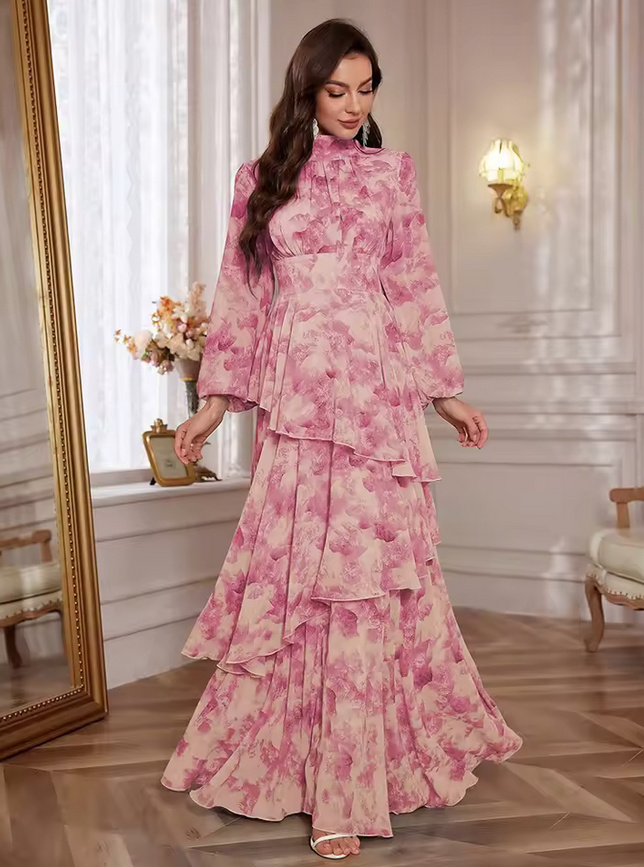 Langarm Chiffon Maxi Sommerkleid 2025 Dominika mit Blumenmuster&nbsp;Rosa