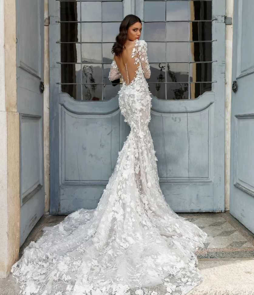 Langarm Meerjungfrau Brautkleid Franziska Schulterfrei aus Spitze und&nbsp;Schleppe