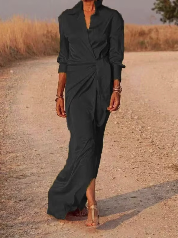 Langarm Satin Kleid 2025 Elegant in Wickel Optik Schwarz