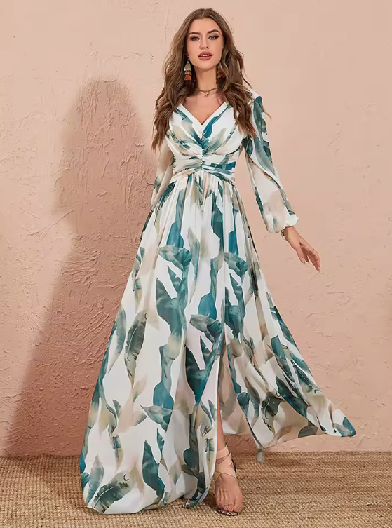 Langarm Sommer Chiffon Kleid 2025 Elegant mit Muster