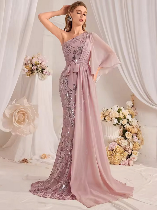 One Shoulder Abendkleid 2025 Daniela in Lachs mit Tüll und Pailletten