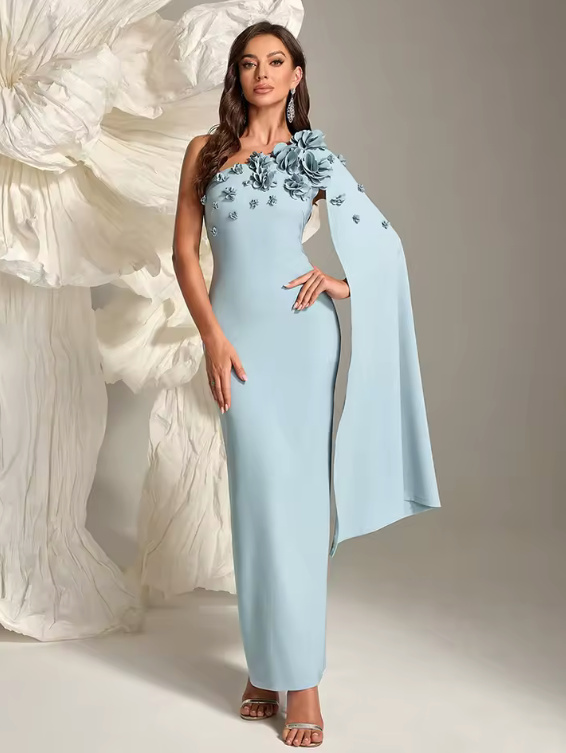 One Shoulder I Linie Kleid Coco Elegant für Hochzeitsgäste in hellblau mit 3D&nbsp;Blumen