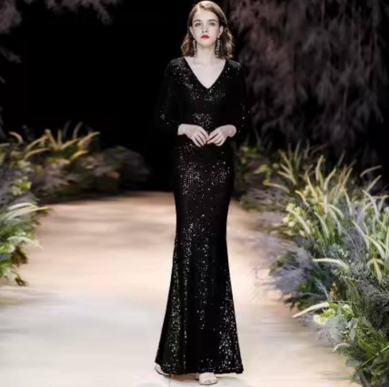 Pailletten Langarm Abendkleid 2025 mit V Ausschnitt in&nbsp;Schwarz