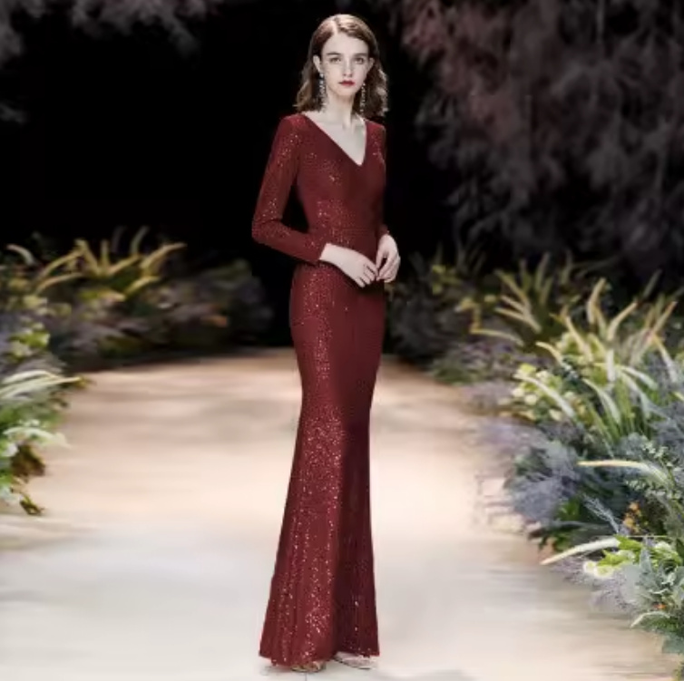 Pailletten Langarm Abendkleid 2025 mit V Ausschnitt in&nbsp;Weinrot