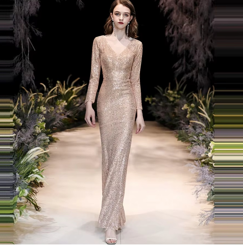 Pailletten Langarm Abendkleid 2025 mit V Ausschnitt in&nbsp;Gold