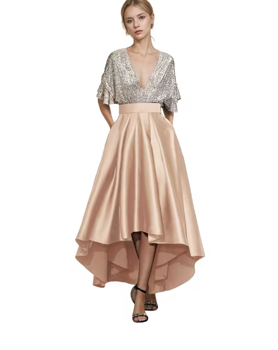 Satin Glitzer Kleid Christel Elegant für Hochzeitsgäste in Champagne Vorne Kurz Hinten&nbsp;Lang