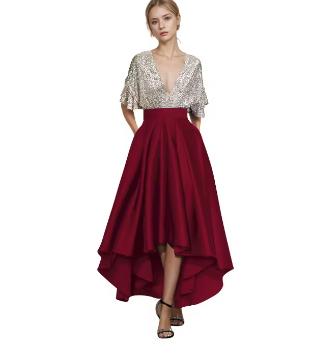 Satin Glitzer Kleid Christel Elegant für Hochzeitsgäste in Dunkelrot Vorne Kurz Hinten Lang