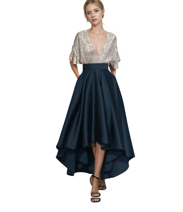 Satin Glitzer Kleid Christel Elegant für Hochzeitsgäste in Marineblau Vorne Kurz Hinten Lang