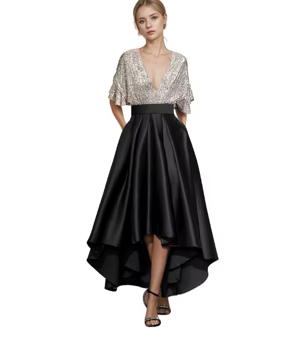 Satin Glitzer Kleid Christel Elegant für Hochzeitsgäste in Schwarz Vorne Kurz Hinten Lang