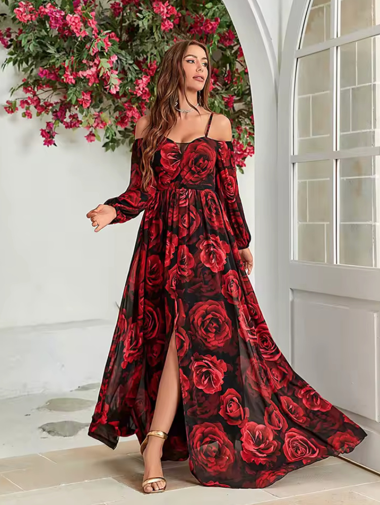 Spaghettiträger Maxi Chiffon Sommer Kleid 2025 Delilah mit Rote Rosen