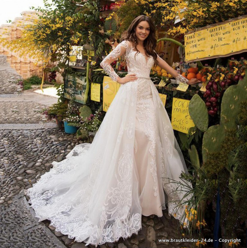 Meerjungfrau Brautkleid mit Spitze und Abnehmbarem Rock Lang in&nbsp;Weiß