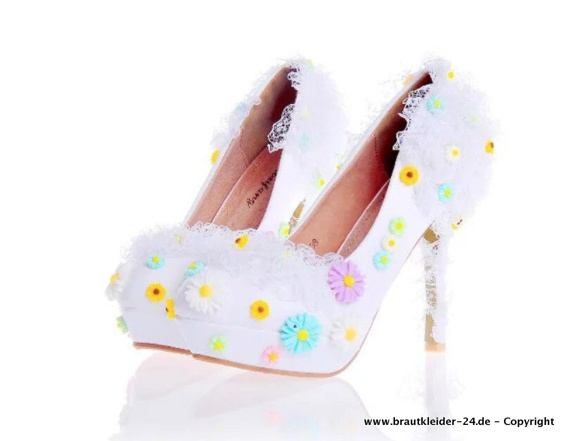 High Heels Brautschuhe Abendschuhe in Weiß mit Bunte&nbsp;Blumen