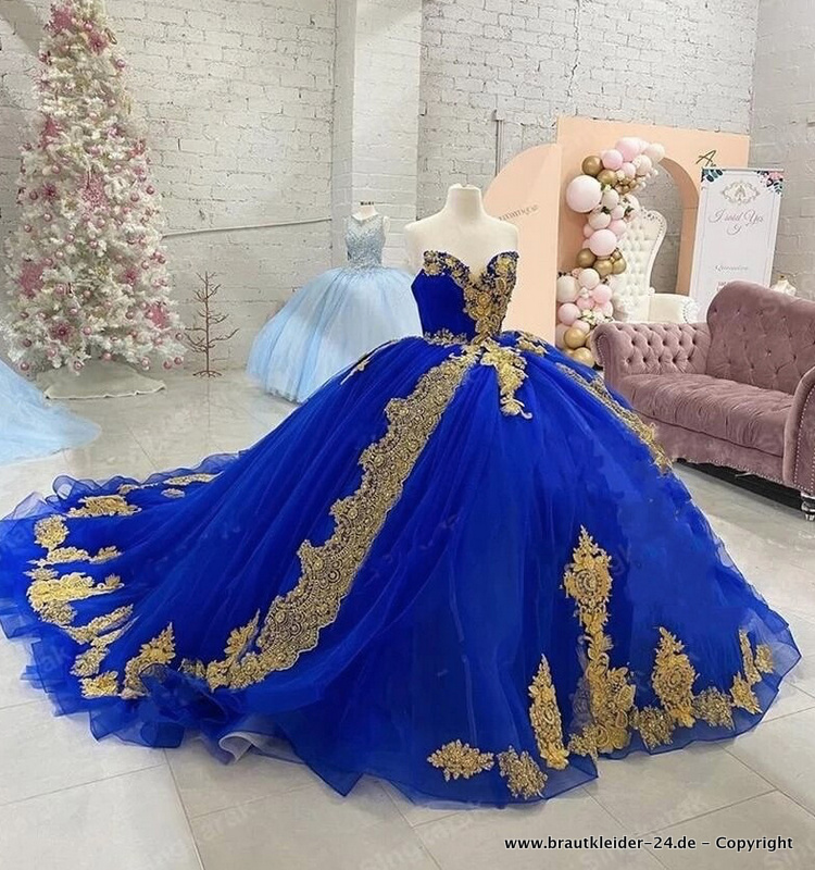 Bustie Ball Quinceanera Brautkleid in Royalblau mit Applikationen in&nbsp;Gold