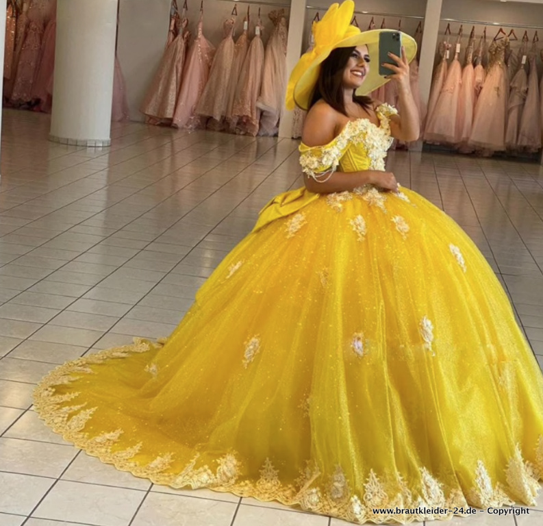Quinceanera Kleid Brautkleid mit Blumen in&nbsp;Gelb