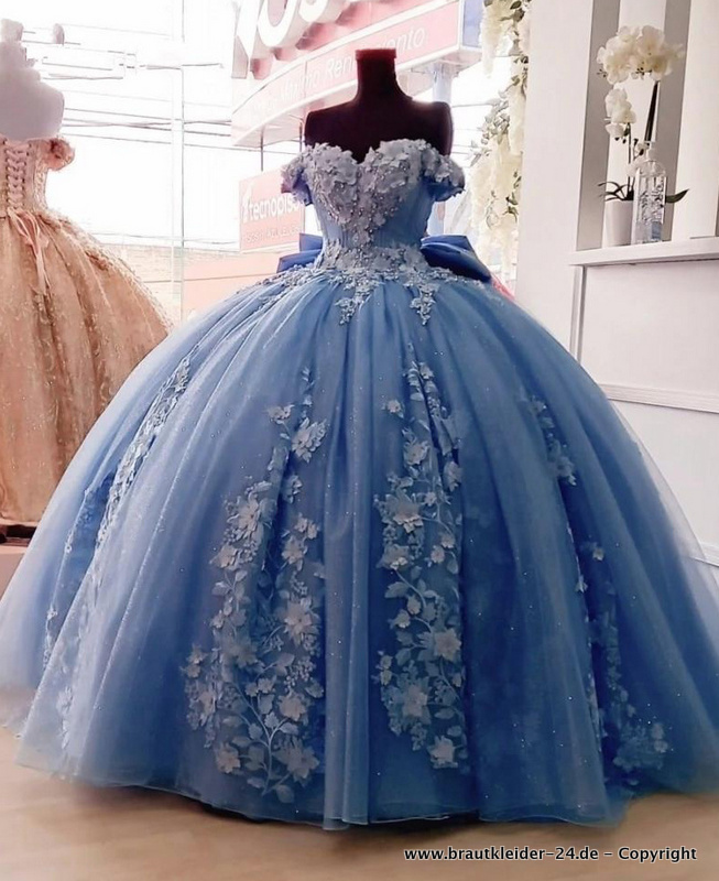 Quinceanera Kleid Brautkleid Mele in Blau mit Blumen&nbsp;Applikationen