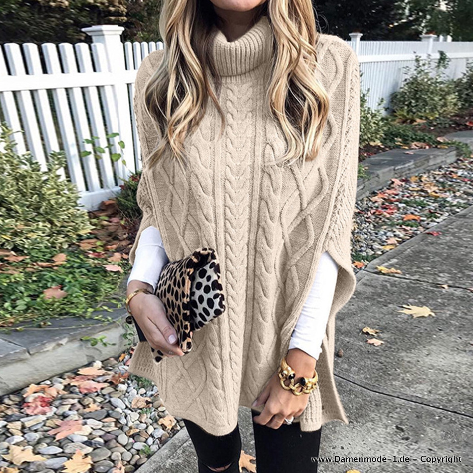 Damen Poncho Rollkragen Strickjacke in&nbsp;Beige