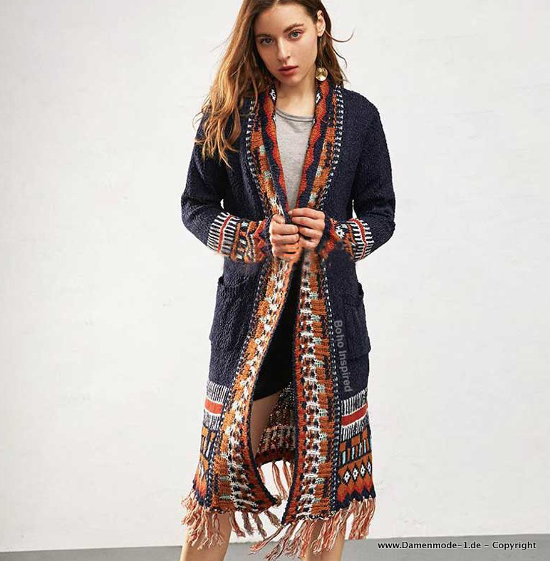Boho Cardigan Strickjacke in Blau&nbsp;Lang