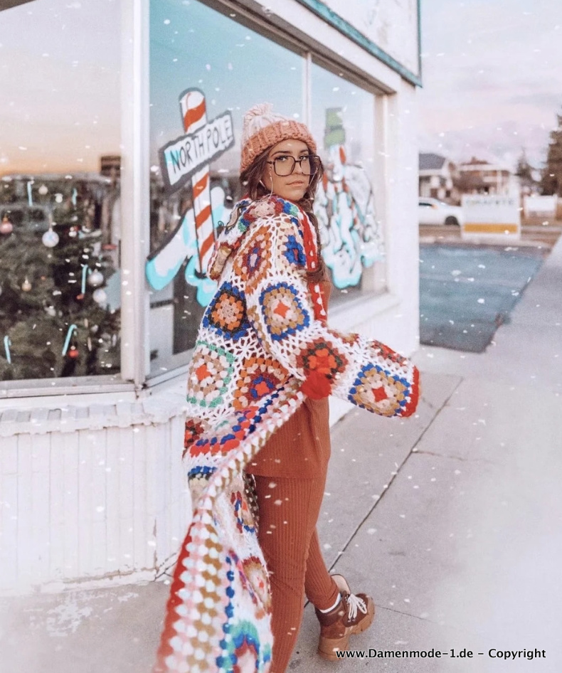 Warme Boho Winter Strickjacke Cardigan mit Kapuze&nbsp;Lang