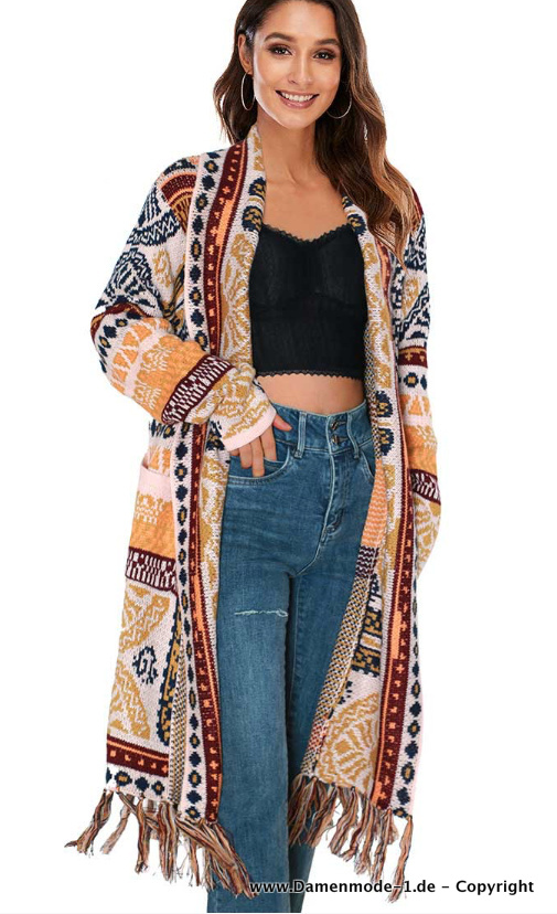 Boho Cardigan Strickjacke in Lang Beige&nbsp;Creme