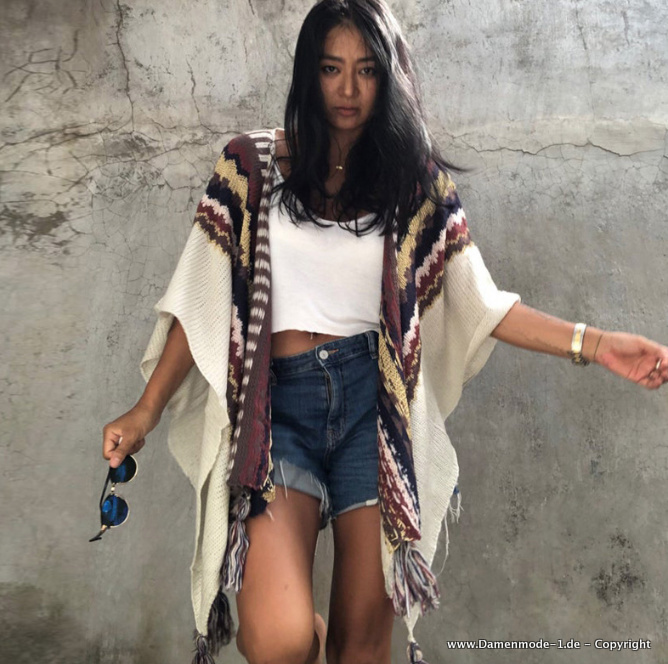 Boho Cardigan Poncho Gestreift&nbsp;Leger