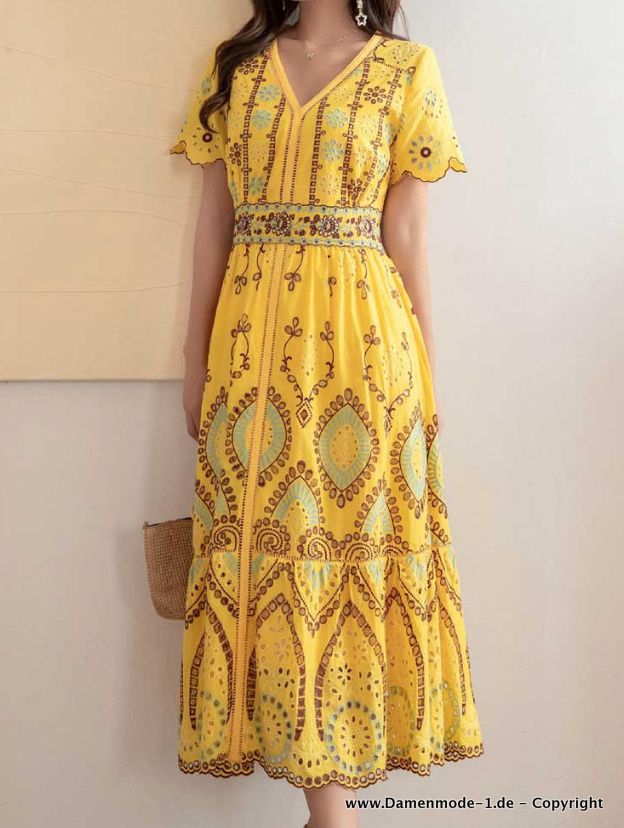 Elegantes Baumwollkleid in Gelb mit&nbsp;Stickereien