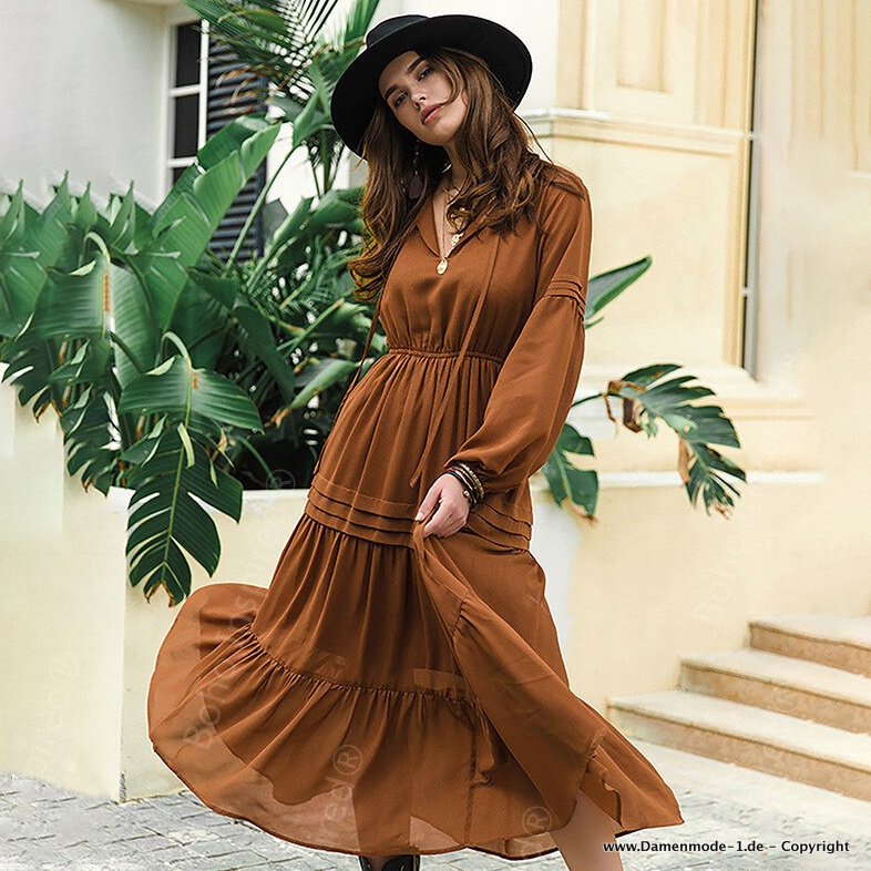 Langarm Boho Maxikleid Knöchellang in&nbsp;Braun