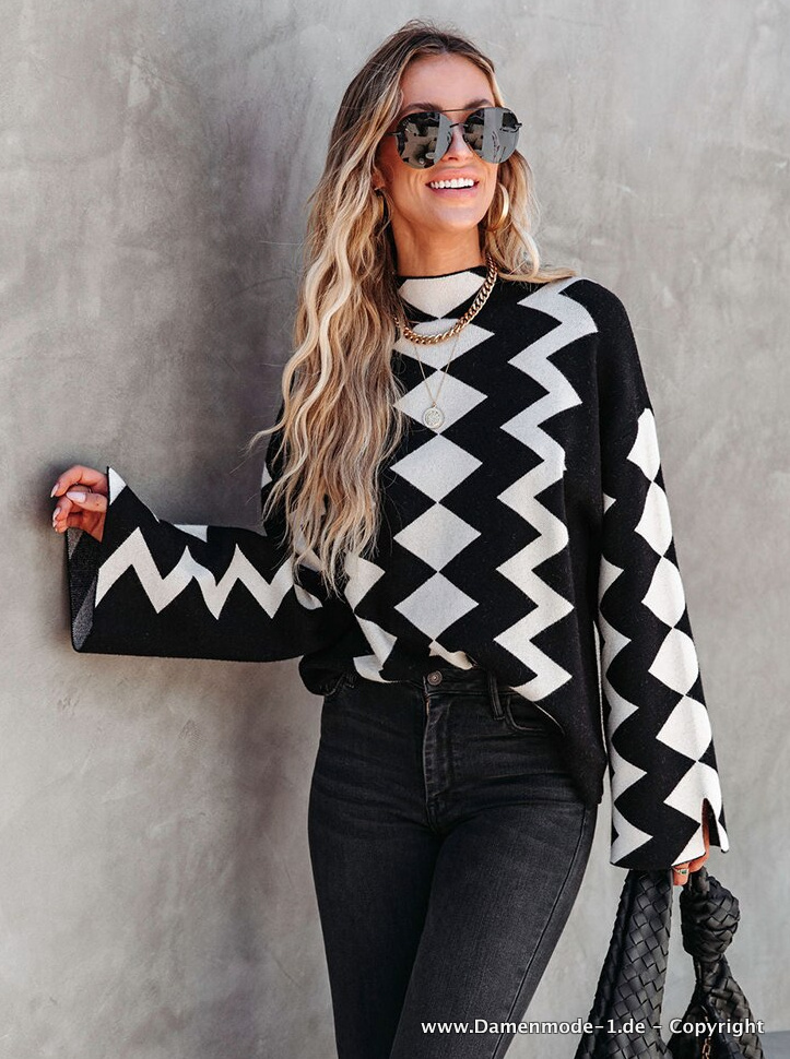 Langarm Strickpullover in Schwarz mit Geo&nbsp;Muster