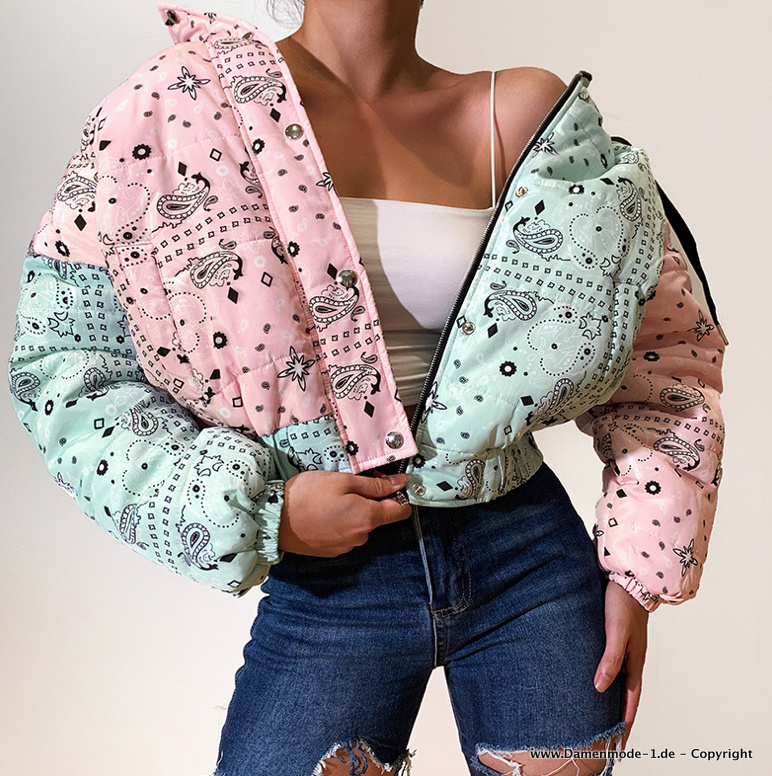 Damen Winter Jacke Kurz in Rosa Grün mit&nbsp;Muster