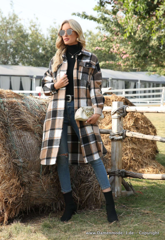 Herbst Frühling Damen Wollmantel Kariert&nbsp;Khaki