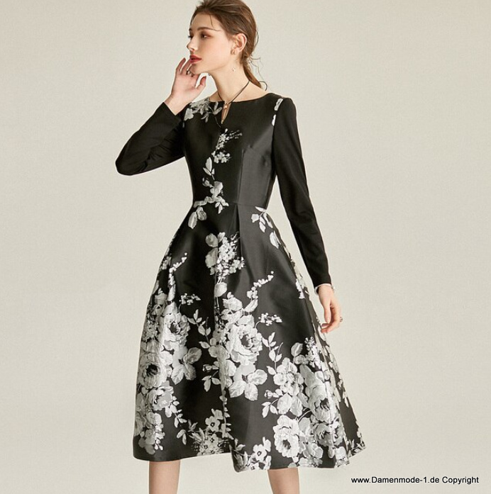 Elegantes Langarm Jacquard Kleid in Schwarz mit Blumen Wadenlang
