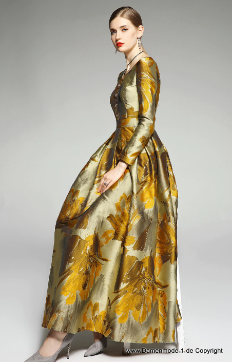 Elegantes Langarm Jacquard Kleid mit Blumenmuster&nbsp;Knöchellang