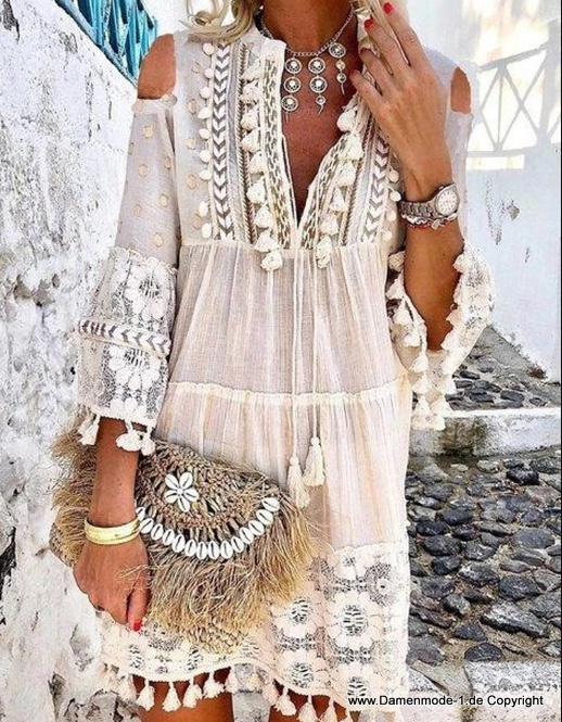 Sommer Boho Maxi Tunika Kleid in Beige&nbsp;Creme