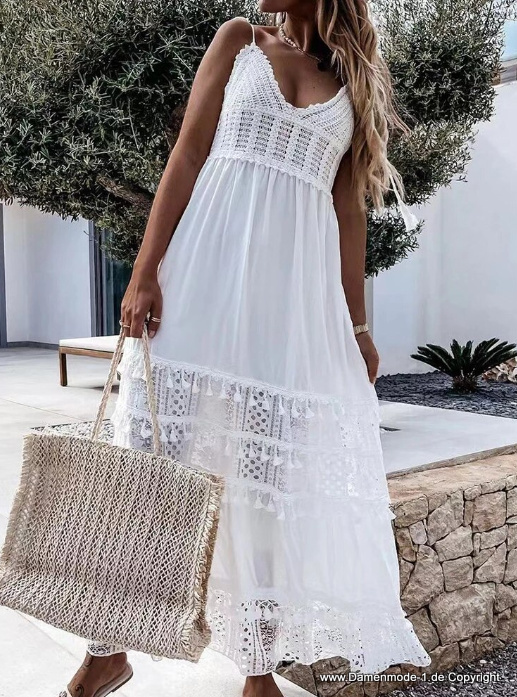 A Linie Maxi Boho Sommerkleid Weiß mit&nbsp;Spaghettiträger
