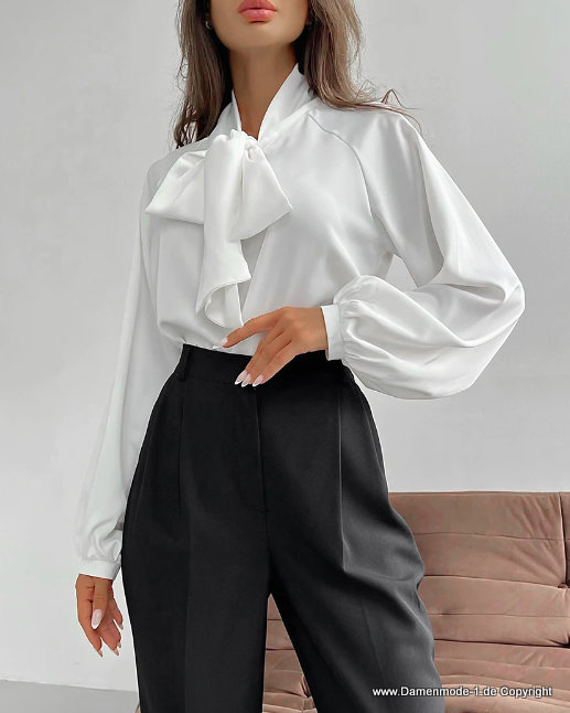 Langarm Satin Damen Bluse Elegant in Weiß