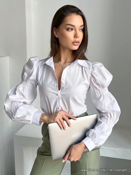 Elegante Damen Bluse Blue in Weiß mit&nbsp;Puffärmel