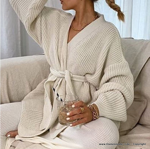 Damen Baumwoll Cardigan Strickjacke zum Binden Beige&nbsp;Creme
