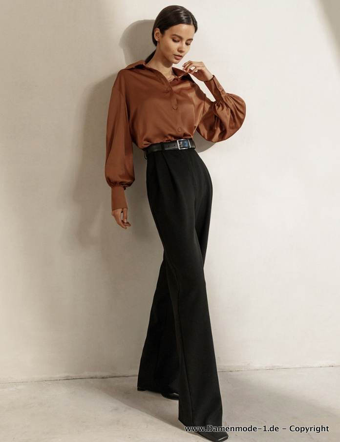 Satin Damen Bluse Klassisch in Bronze Braun