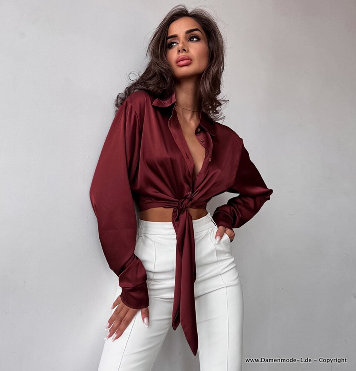 Sexy Crop Damen Bluse zum Binden in&nbsp;Bronzebraun