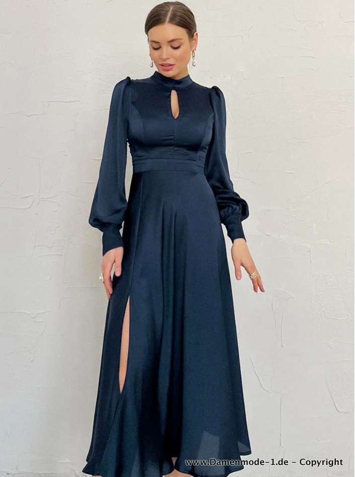 Elegantes Satinkleid Bethany Wadenlang in Navyblau&nbsp;Hochgeschlossen