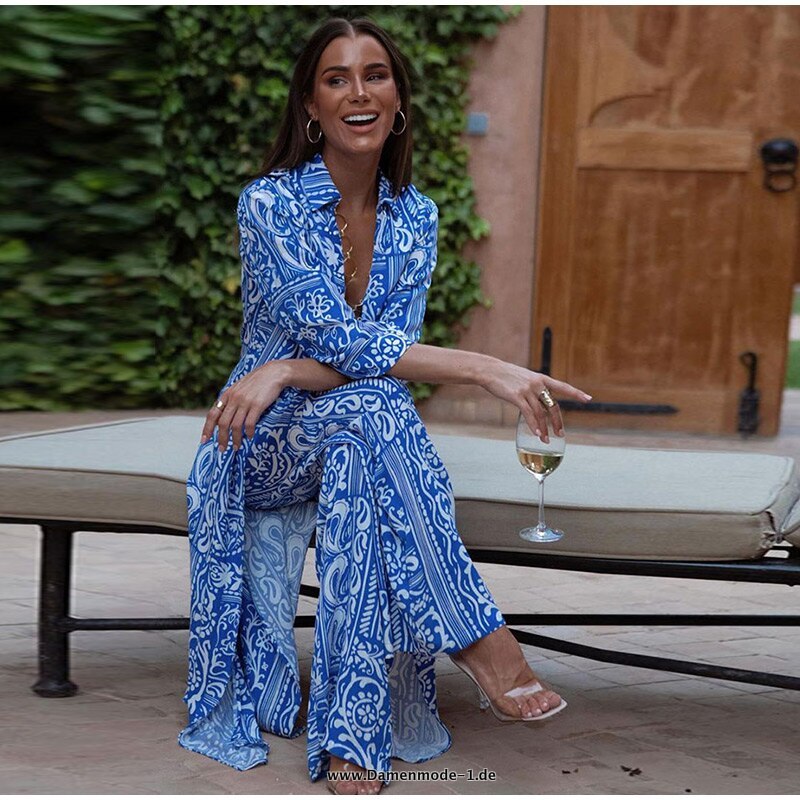 Sommer Set Langarm Kleid mit Hose in&nbsp;Blau