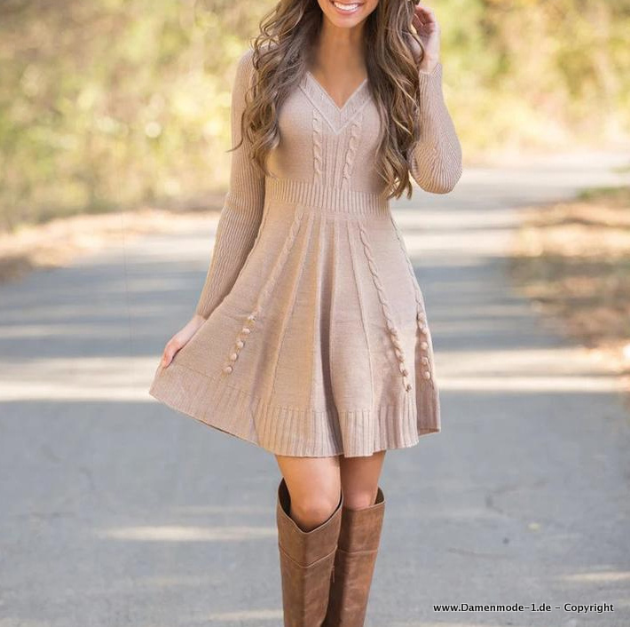 A Linie Strick Pulloverkleid mit V Ausschnitt in Beige