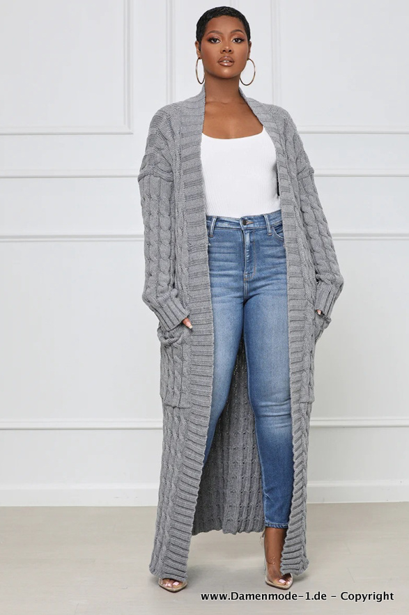 Lange Herbst Frühling Strickjacke für Damen in&nbsp;Silbergrau