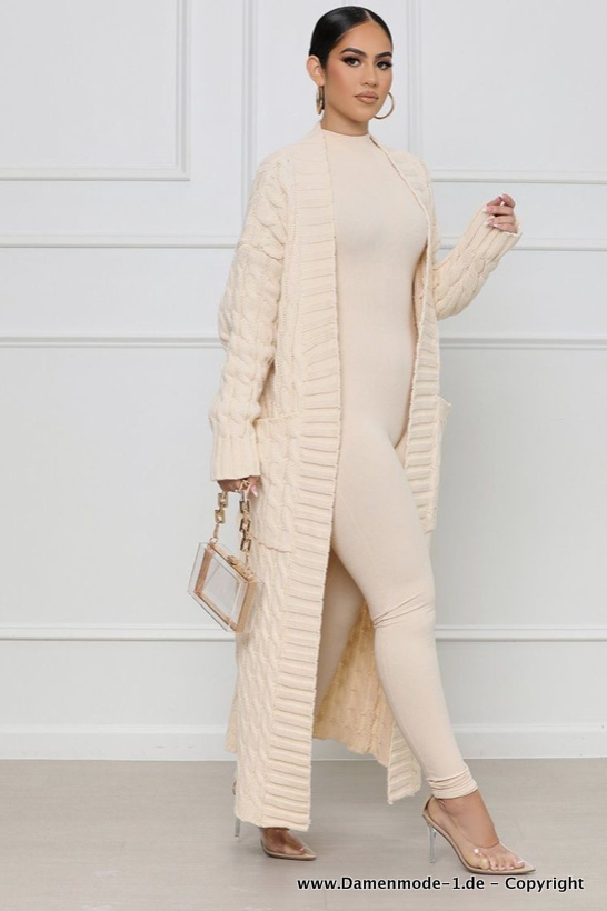 Lange Herbst Frühling Strickjacke für Damen in&nbsp;Champagne