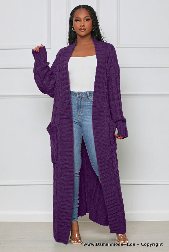 Lange Herbst Frühling Strickjacke für Damen in&nbsp;Lila