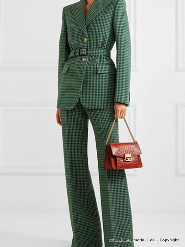Business Tweed Hosenanzug für Damen in Grün&nbsp;Kariert