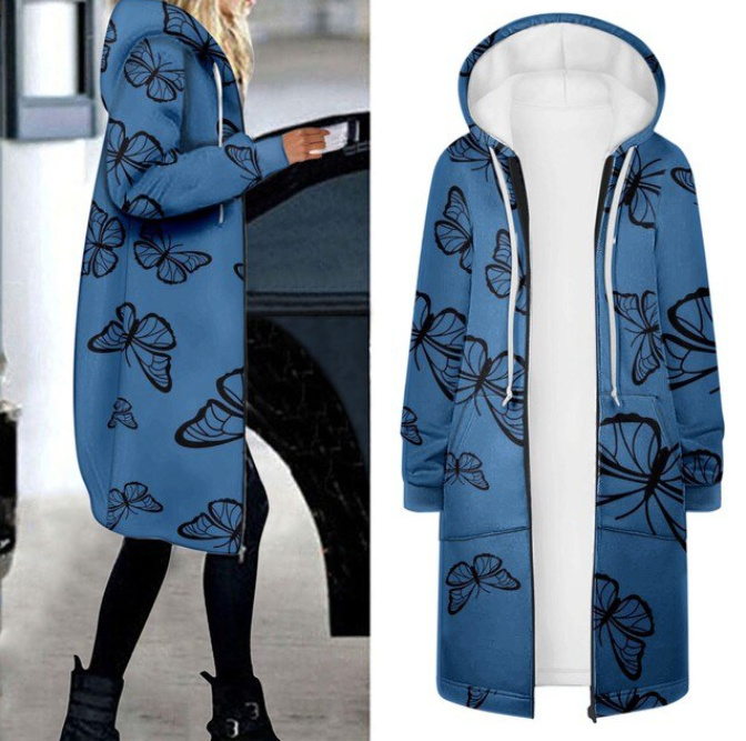 Lange Warme Jacke Cardigan für Damen in Blau mit&nbsp;Schmetterlinge