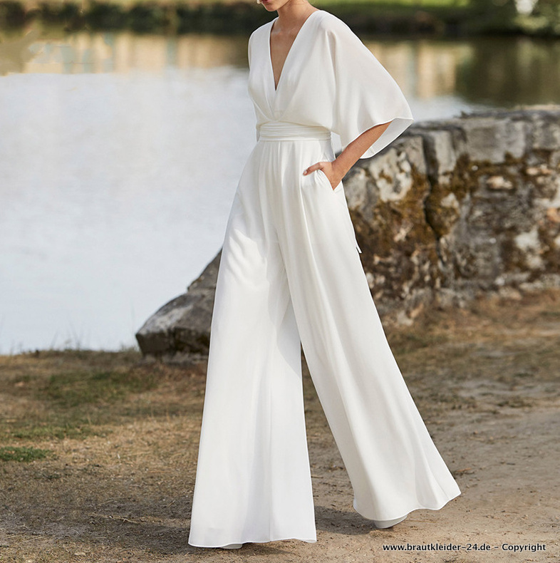 A Linie V Ausschnitt Overall Jumpsuit Einteiler für die Braut Elegant in&nbsp;Weiß