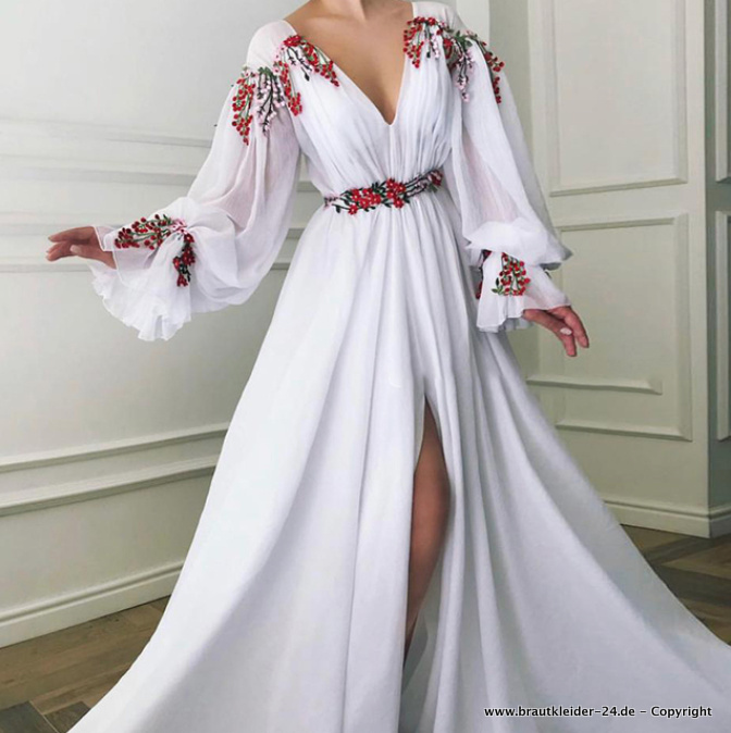 Langarm Standesamt Brautkleid mit V Ausschnitt und&nbsp;Stickereien