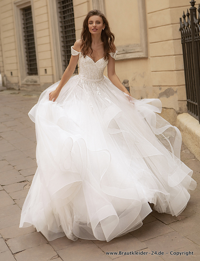 Schulterfreies Tüll Brautkleid mit Korsage und&nbsp;Stickereien